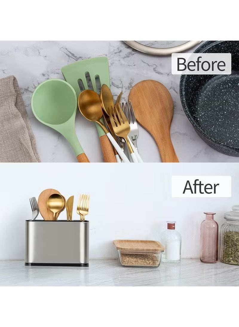 ترينفي حامل أدوات طهي كبير من الفولاذ المقاوم للصدأ بأربعة أقسام، مقاوم للصدأ، مزود بقاعدة مانعة للانزلاق ومصفاة، منظم أدوات مائدة للملاعق والشوك وعيدان الطعام والسكاكين، سلة تخزين للمطبخ - Image 5